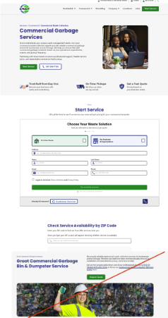 Control: full commercial waste collection page showing the Start Service form near the top, the ZIP-code availability section, and the legacy 'Groot Commercial Garbage Bin & Dumpster Service' value-prop block at the bottom (struck through with a red X to mark it for removal)