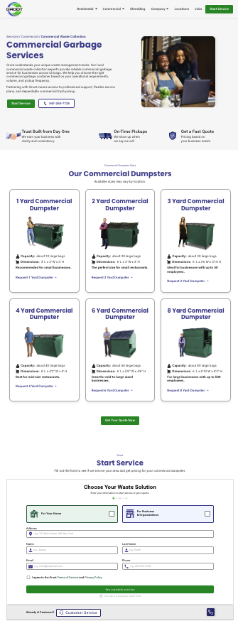 Winning variant: Pick Your Bin visual dumpster size guide added above the quote form